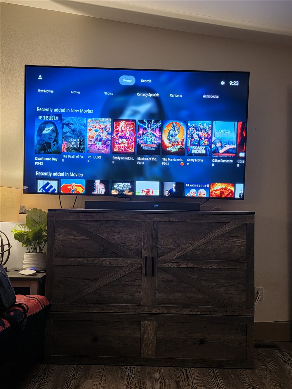 Jellyfin New Movies row on a wall-mounted TV
