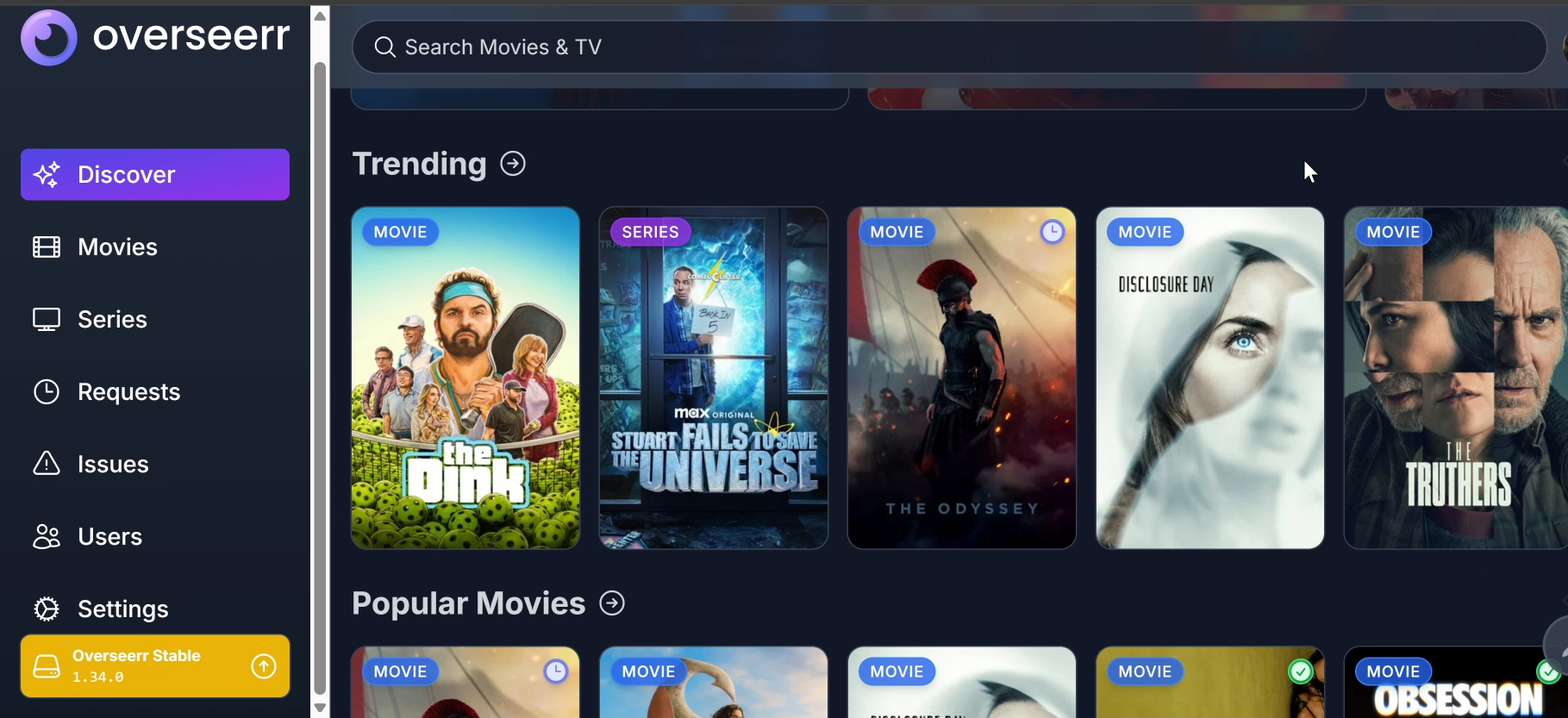 Overseerr request page for adding new movies and shows